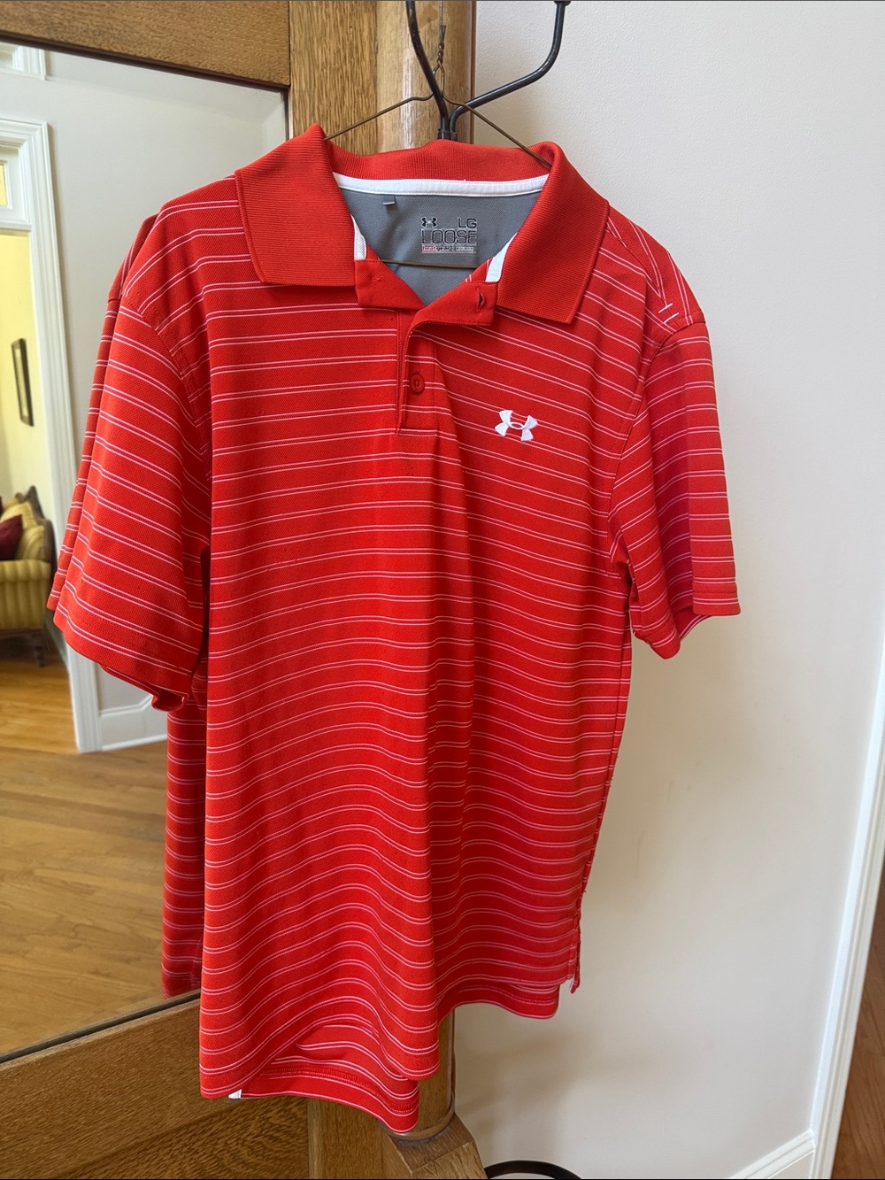 Under Armour Loose Heat Gear Orange Polo with Thin White Stripes
